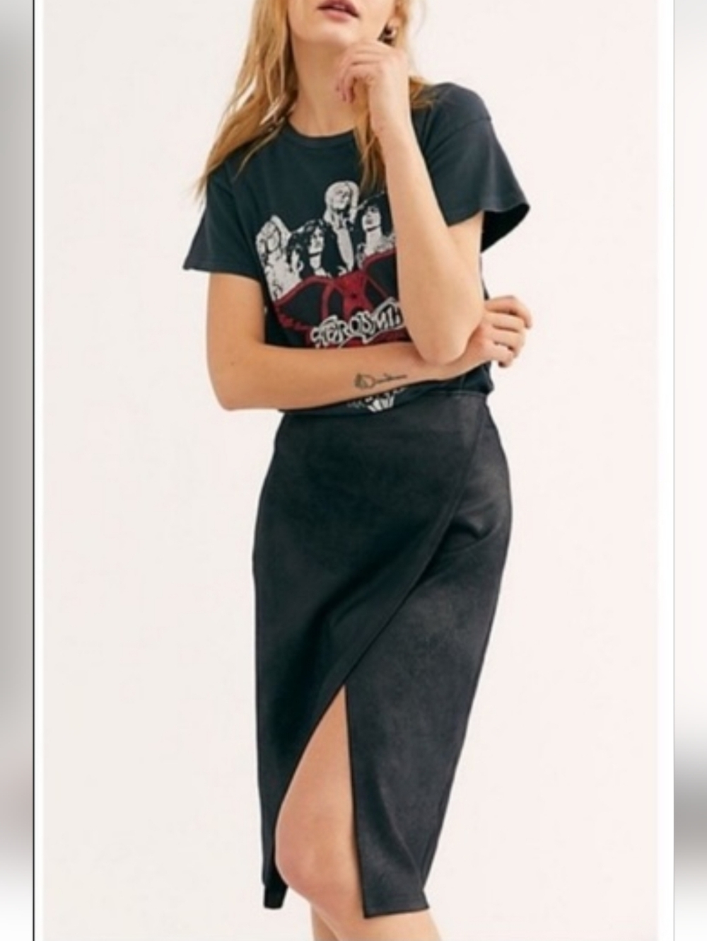 Free People Faux-Suede Pencil Skirt with Front Slit. Black Size S. - Picture 2 of 3